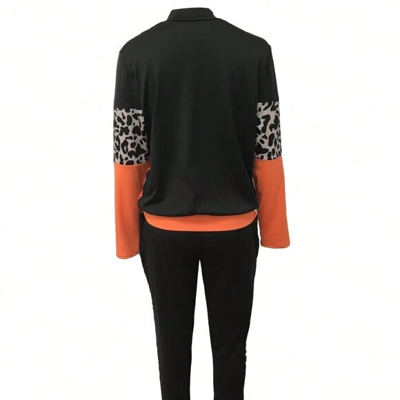 Black Casual Women's Leopard Print Top and Pants Set - Picture 2 of 5